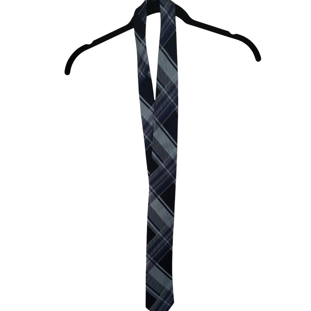 Kenneth Cole Plaid Slim Silk Tie Blue Black Career Preppy